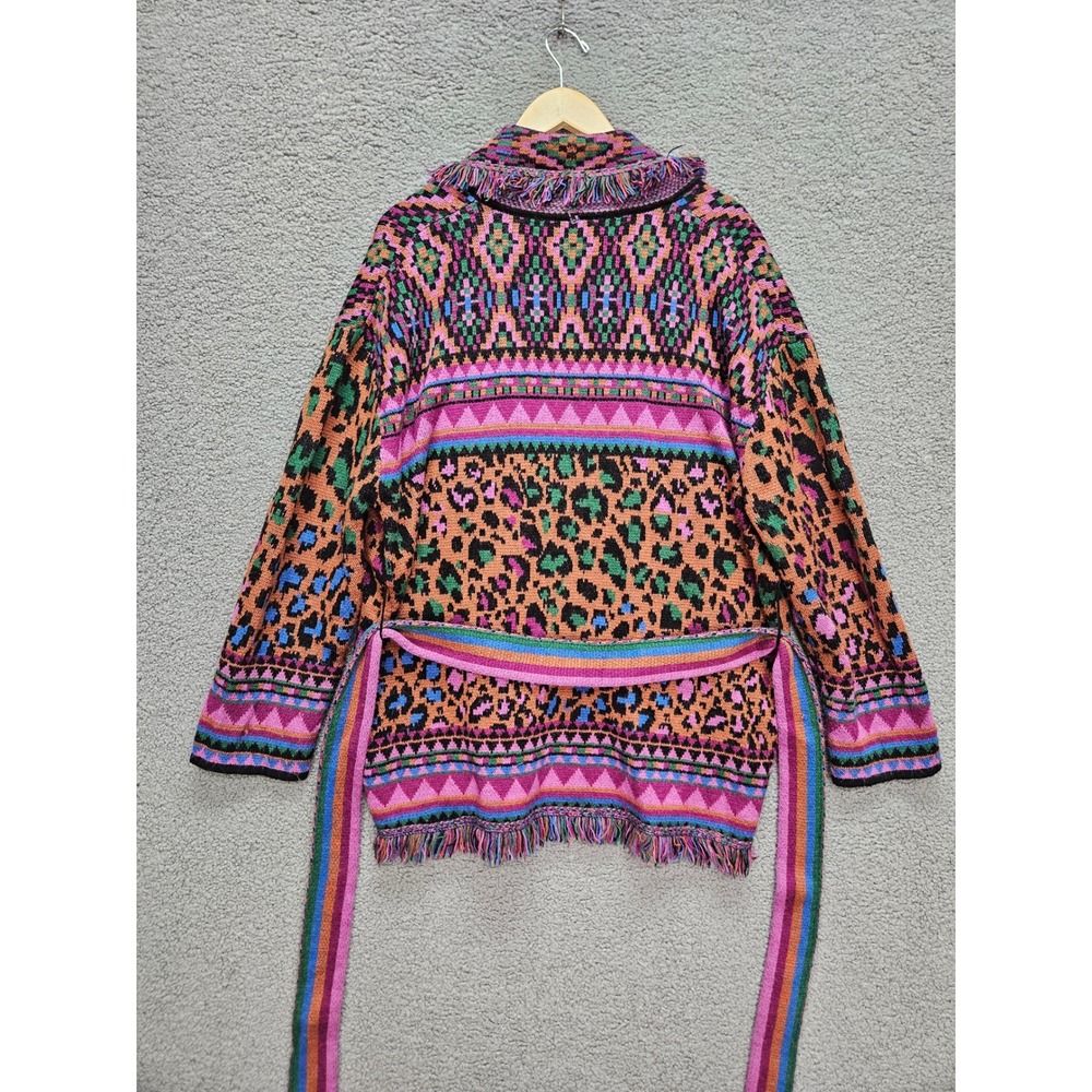 Farm Rio Cardigan Sweater M Multicolor Leopard Geometric Fringe Belted Boho - Picture 2 of 8